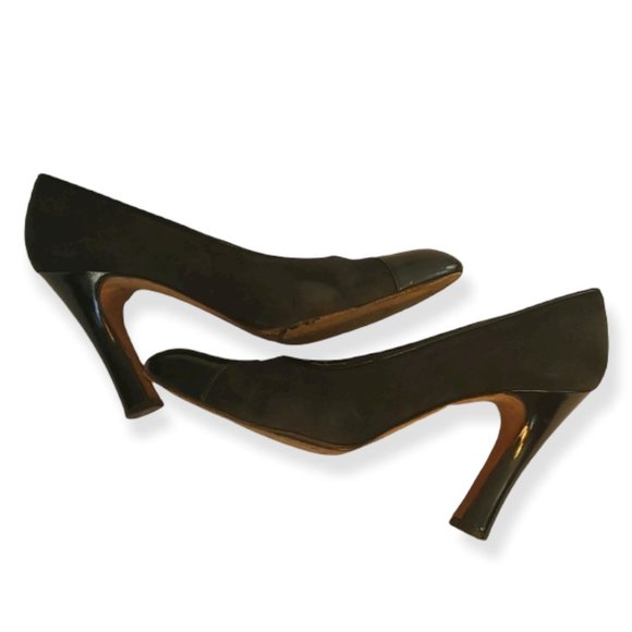 Vintage Yves Saint Laurent Designer Black Suede / Patent Cap Toe Pumps - Size 8N - Picture 2 of 16